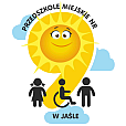 logo przedszkola - żółte uśmiechnięte słońce na tle zółtej cyfry 9 na dole ikonki: dziewczyka, osoba na wózku inwalidzkim, chłopiec; napis PRZEDSZKOLE MIEJSKIE NR 9 W JAŚLE